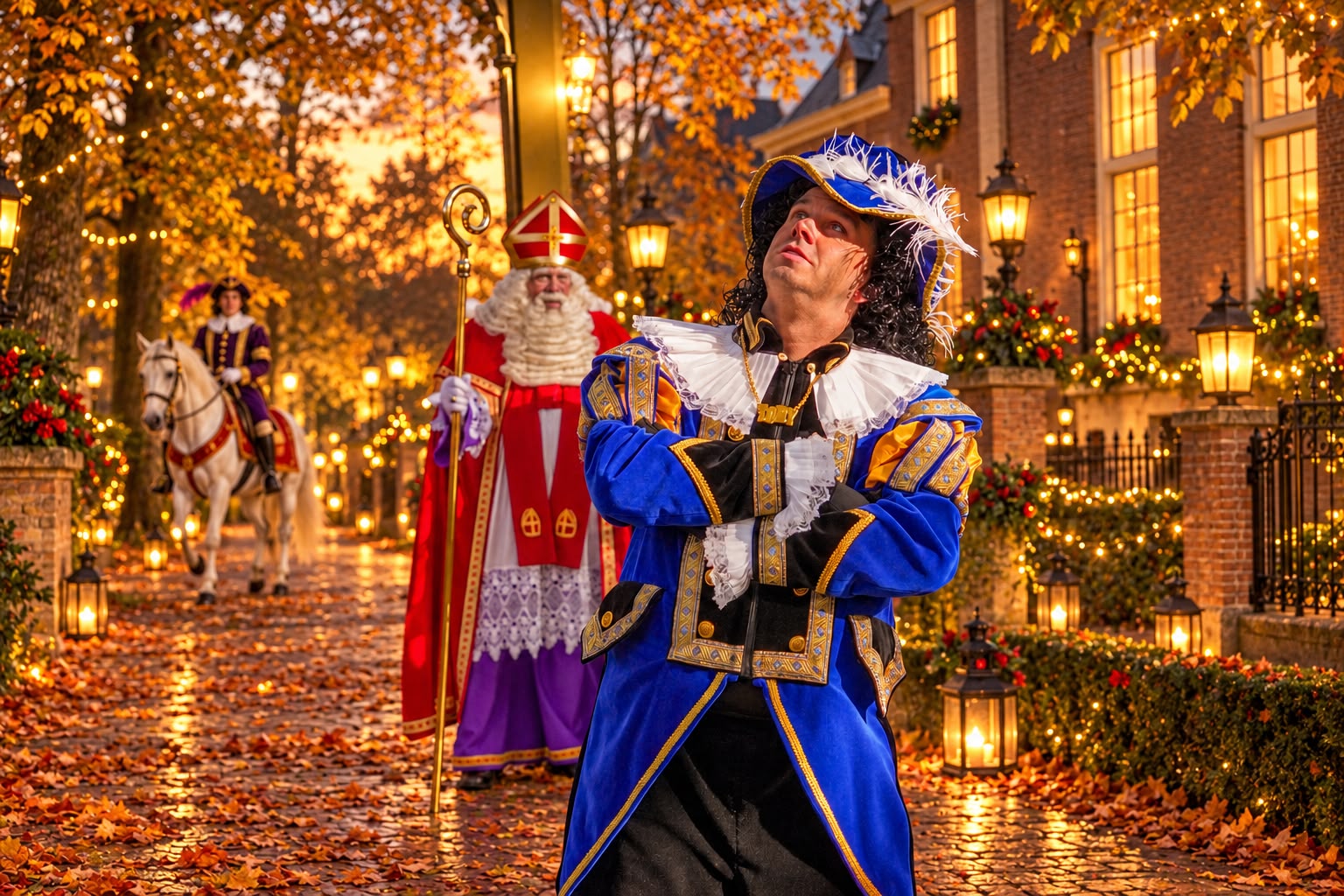 Piet Toby met Sinterklaas en het witte paard in een sfeervolle herfstlaan